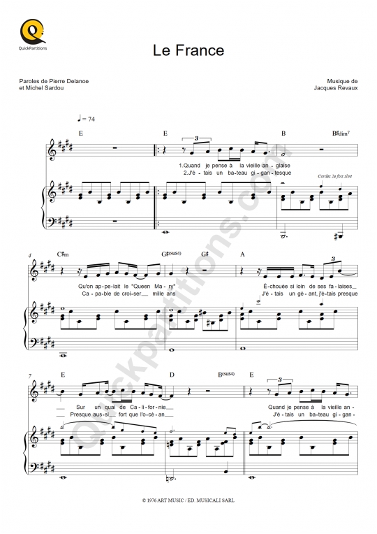 Partition piano Le France - Michel Sardou (Partition Digitale)