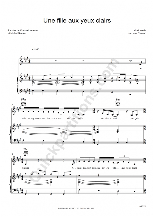 Une fille aux yeux clairs Piano Sheet Music - Michel Sardou