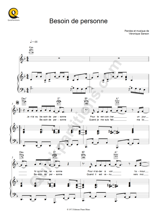 Partition piano Besoin de personne - Véronique Sanson