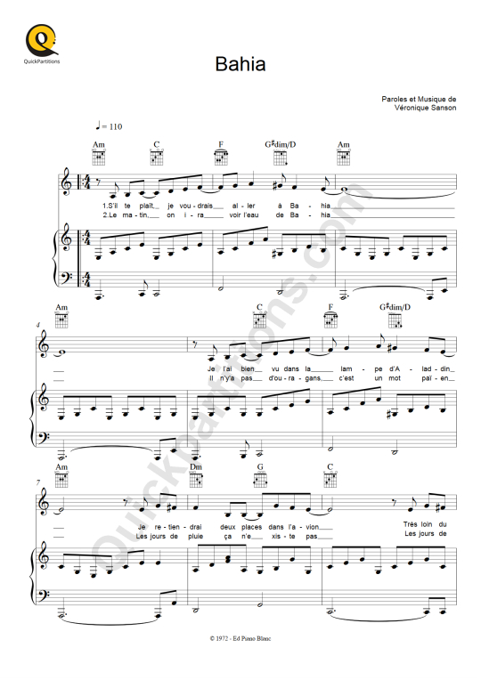 Partition piano Bahia - Véronique Sanson