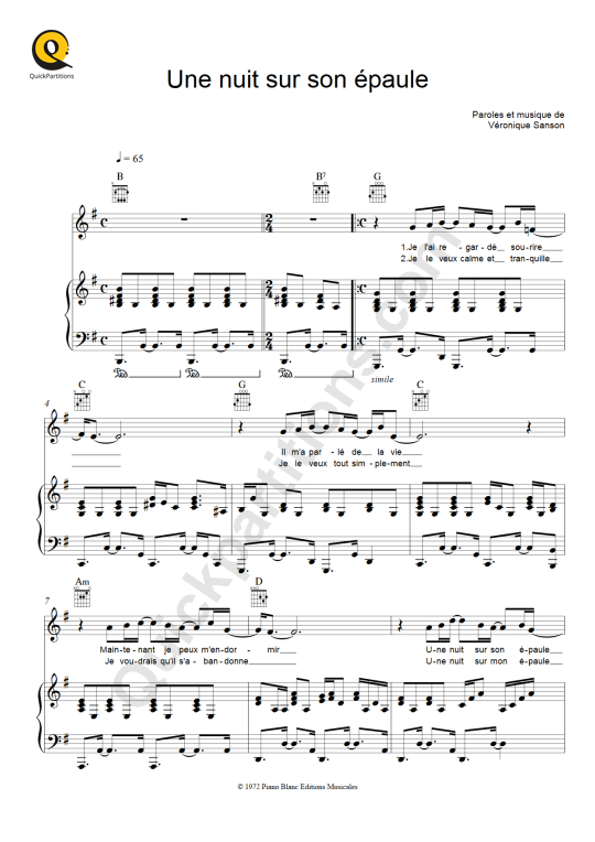 Partition piano Une nuit sur son épaule - Véronique Sanson