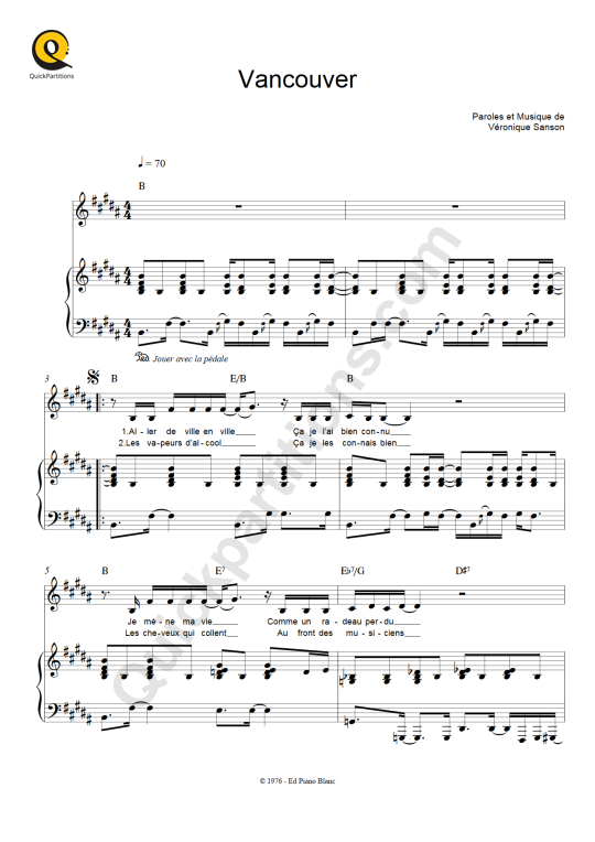 Partition piano Vancouver - Véronique Sanson