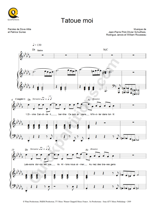 Tatoue moi Piano Sheet Music - Mozart L'opéra rock