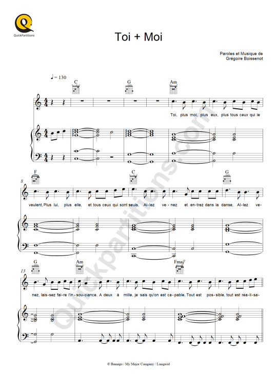 Toi + Moi Piano Sheet Music - Gregoire