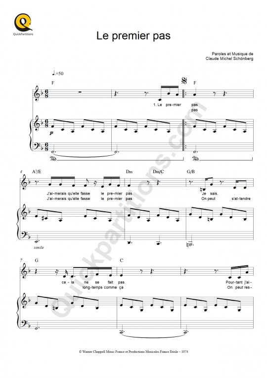 Partition piano Le premier pas de Claude-Michel Schonberg