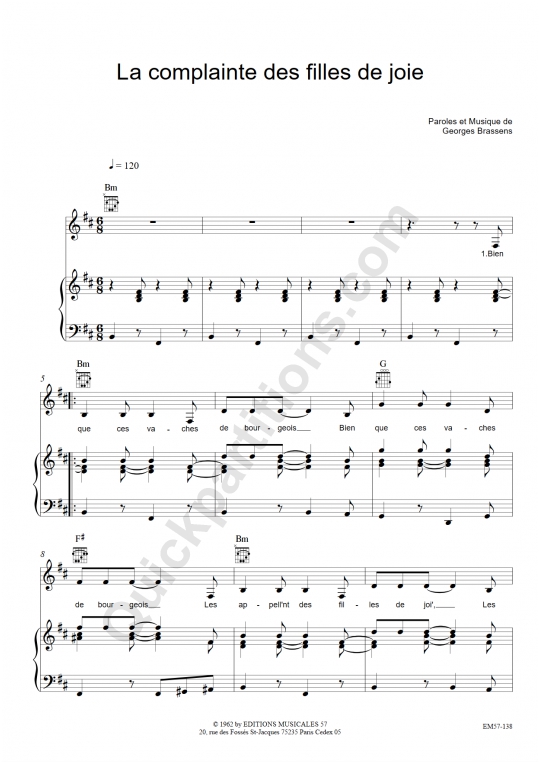 La complainte des filles de joie Piano Sheet Music - Georges Brassens