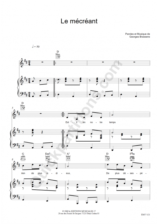 Partition piano Le mécréant - Georges Brassens