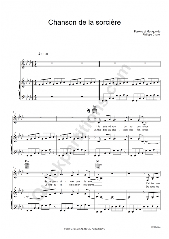 Partition Piano Chanson De La Sorciere Emilie Jolie Partition Digitale