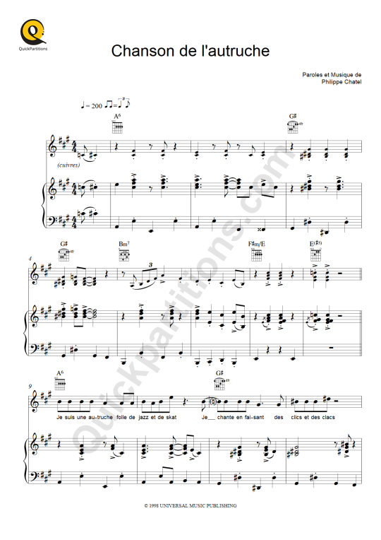 Partition piano Chanson de l'autruche - Emilie Jolie