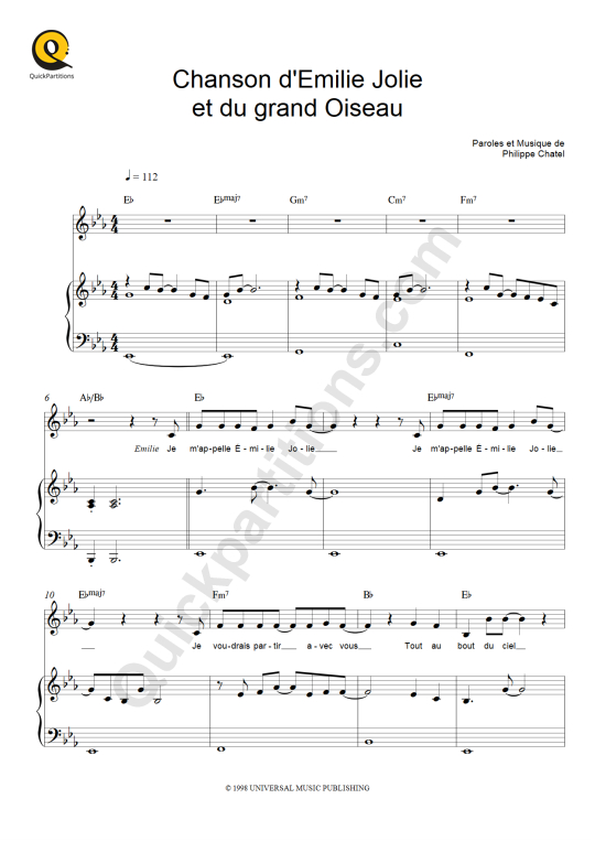 Chanson d'Emilie Jolie et du grand oiseau Piano Sheet Music - Emilie Jolie