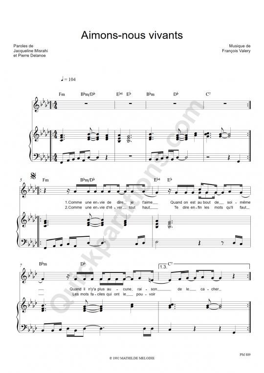 Partition piano Aimons-nous vivants - Francois Valery