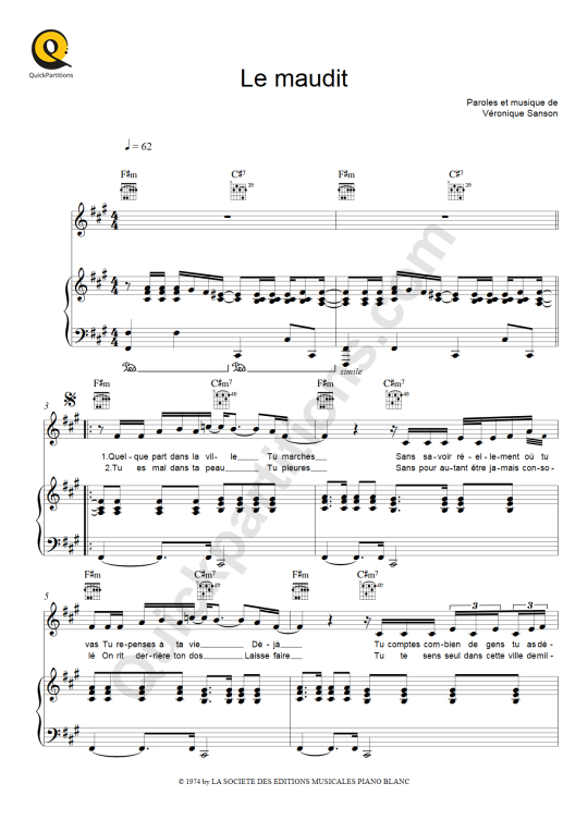 Partition Piano Le Maudit Veronique Sanson Partition Digitale