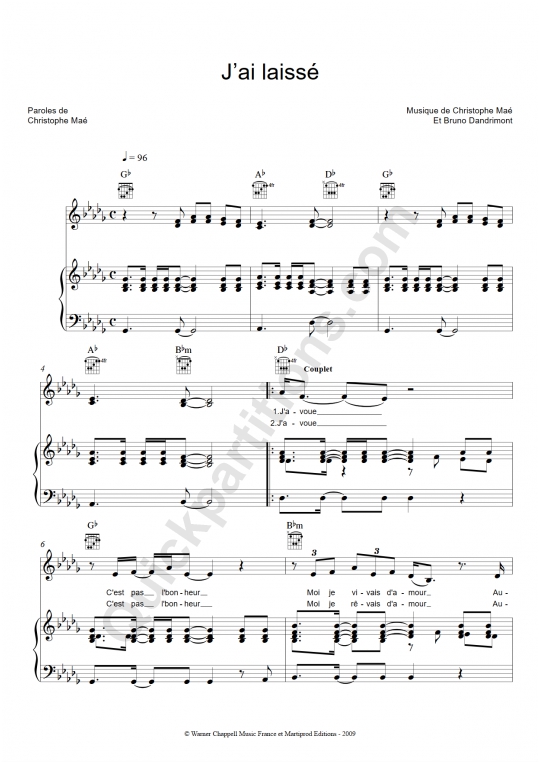 J'ai laissé Piano Sheet Music - Christophe Maé