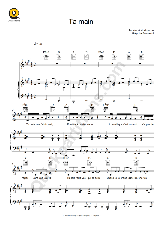 Partition piano Ta main - Gregoire