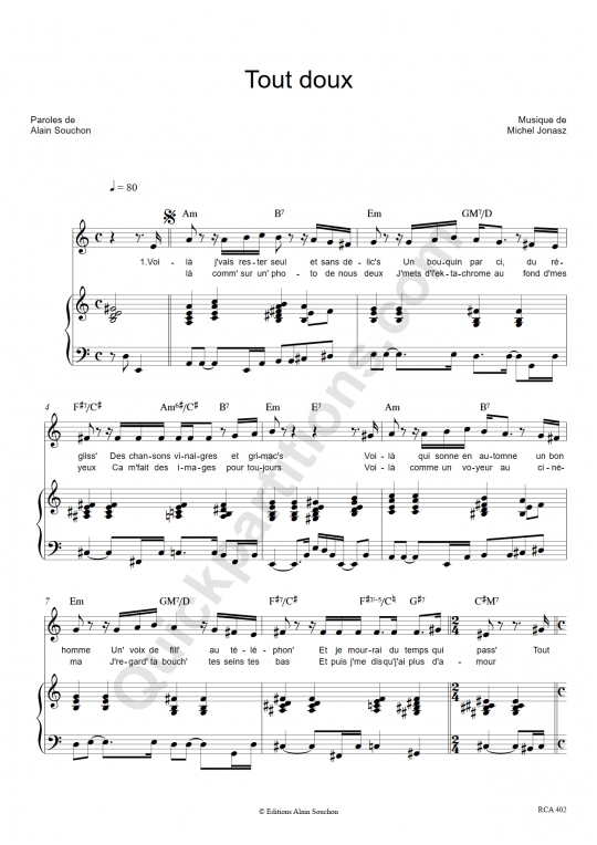 Tout doux Piano Sheet Music - Alain Souchon