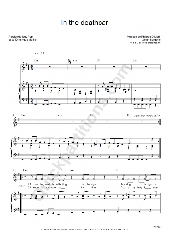 In The Deathcar Piano Sheet Music - Iggy Pop