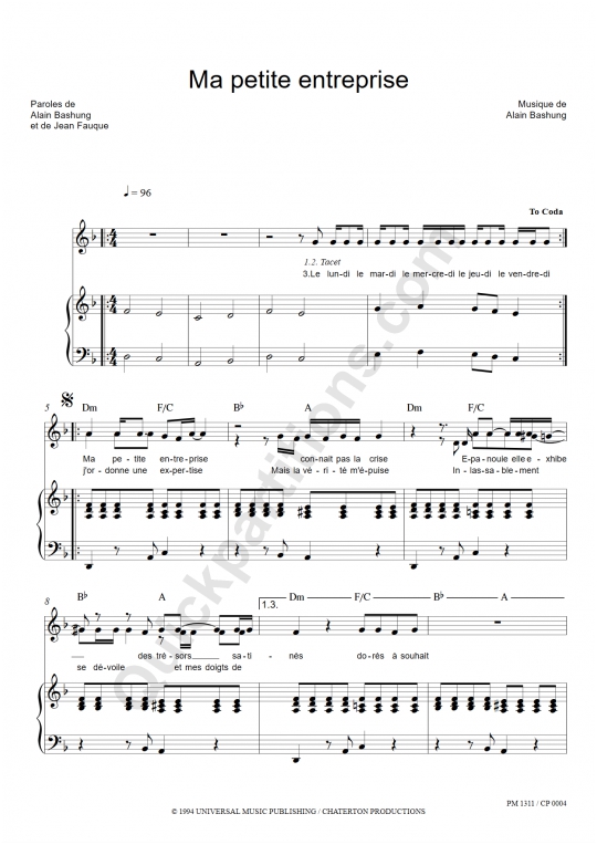 Partition piano Ma petite entreprise - Alain Bashung