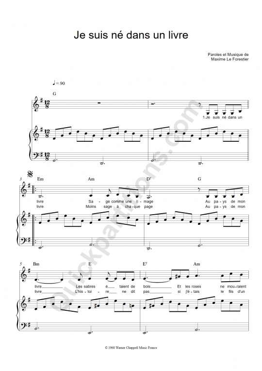Partition piano Je suis né dans un livre - Maxime Le Forestier