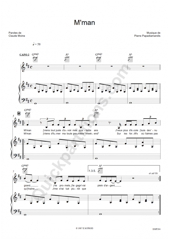 Partition piano M'man - Eddy Mitchell