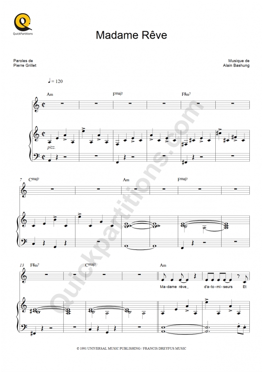Madame rêve Piano Sheet Music - Alain Bashung