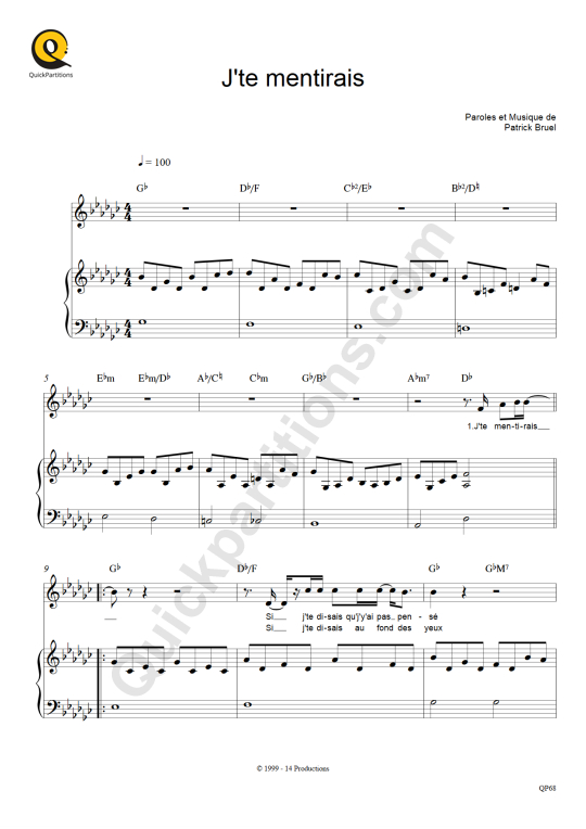 J'te mentirais Piano Sheet Music - Patrick Bruel