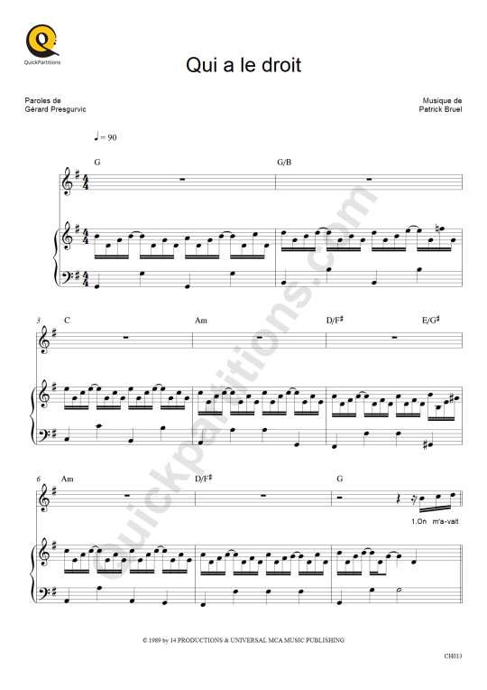Qui a le droit Piano Sheet Music - Patrick Bruel