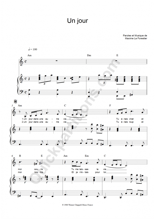 Un Jour Piano Sheet Music - Maxime Le Forestier