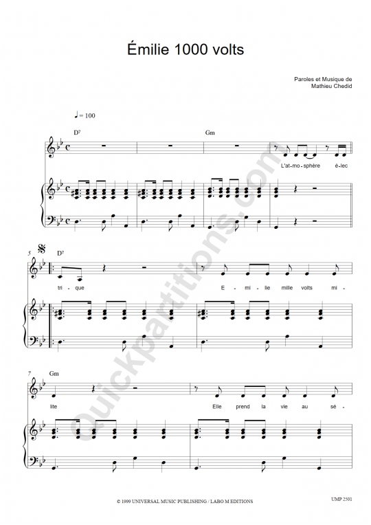 Partition piano Emilie 1000 Volts - M