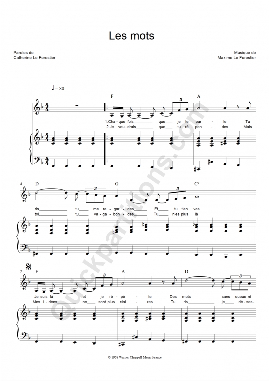 Partition Piano Les Mots Maxime Le Forestier Partition Digitale