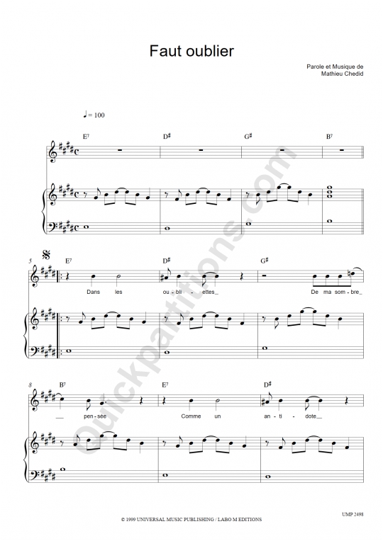 Partition piano Faut oublier - M