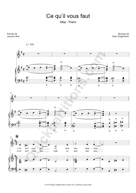 Ce qu'il vous faut Piano Sheet Music - Jacques Brel