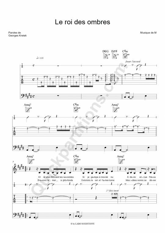 Tablature Guitare Le roi des ombres - M