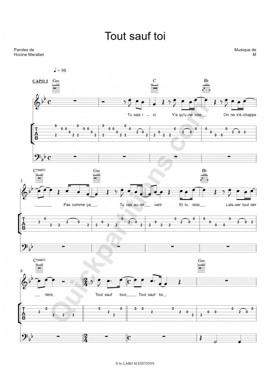 Tout sauf toi Guitar Tab - M