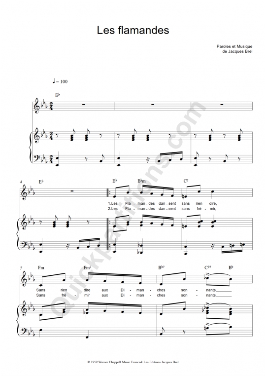 Partition piano Les flamandes - Jacques Brel