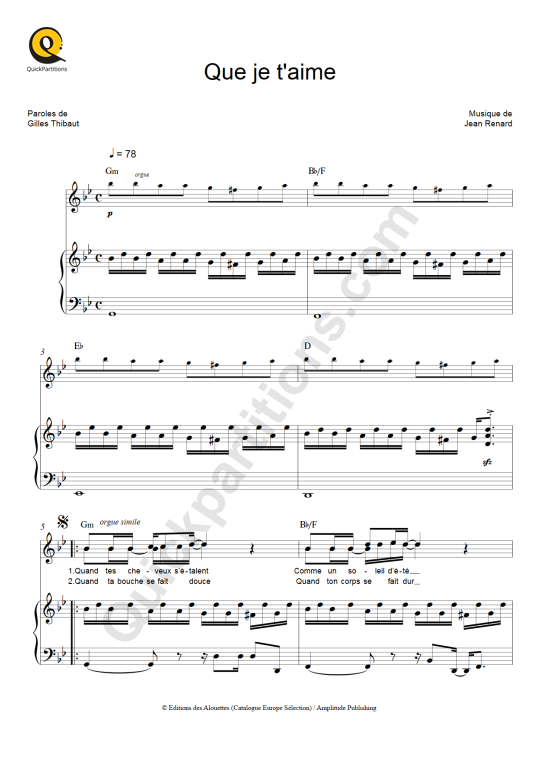 Que je t'aime Piano Sheet Music - Johnny Hallyday
