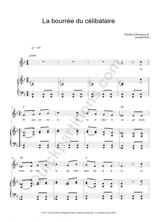 La bourrée du célibataire Piano Sheet Music - Jacques Brel