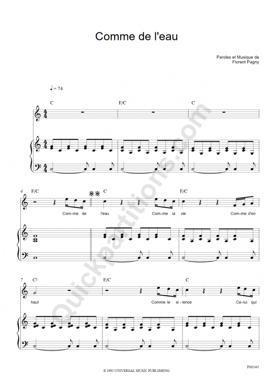 Comme de l'eau Piano Sheet Music - Florent Pagny