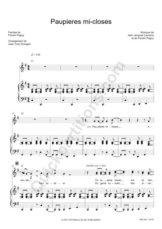Paupières Mi-Closes Piano Sheet Music - Florent Pagny