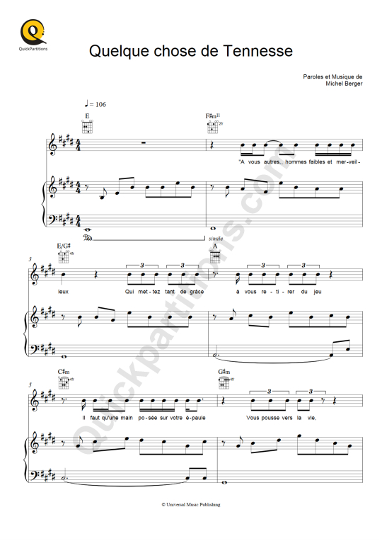 Partition piano Quelque chose de Tennessee - Johnny Hallyday