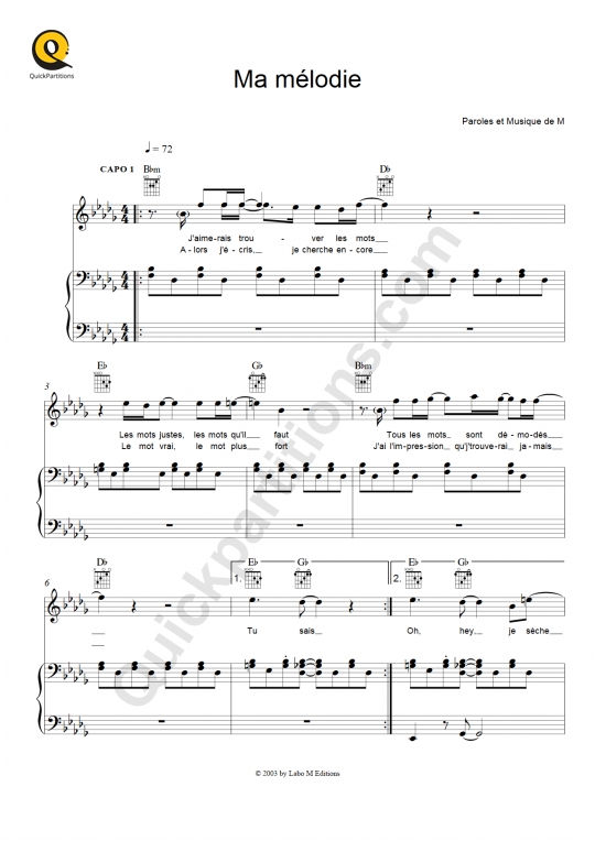 Ma mélodie Piano Sheet Music - M