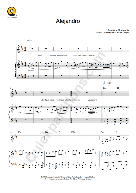 Partition piano Alejandro - Lady Gaga