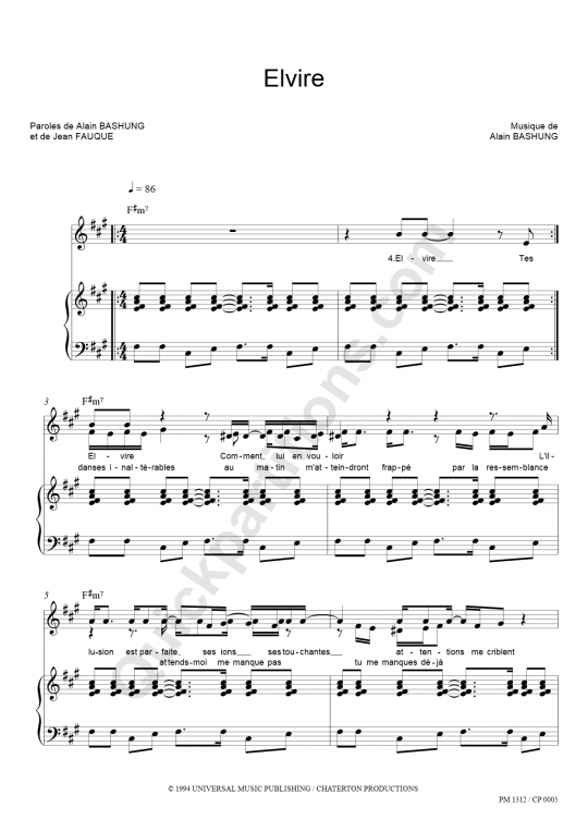 Elvire Piano Sheet Music - Alain Bashung