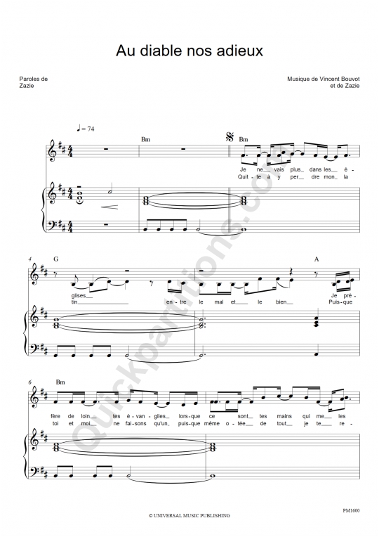 Au diable nos adieux Piano Sheet Music - Zazie