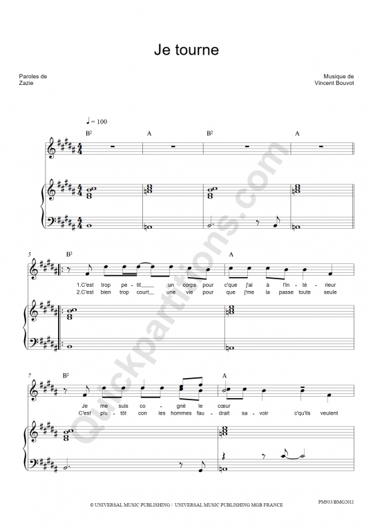 Je tourne Piano Sheet Music - Zazie