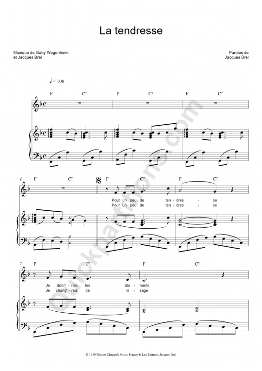 Partition piano La tendresse - Jacques Brel