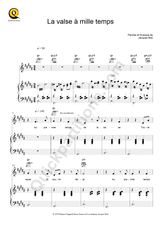 Partition piano La valse à mille temps - Jacques Brel
