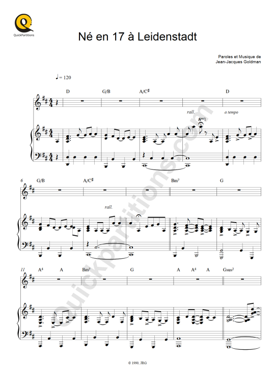 Partition piano Né en 17 à Leidenstadt - Jean-Jacques Goldman