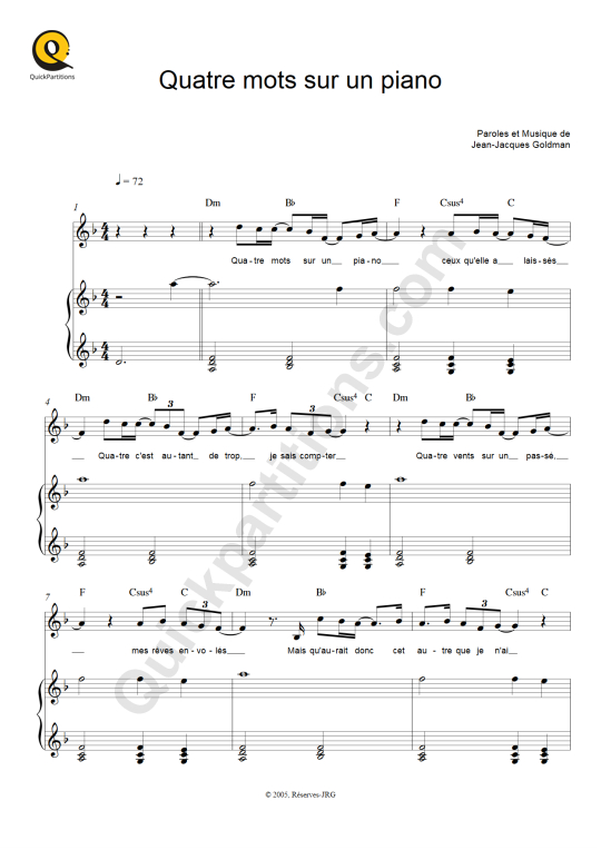 Quatre mots sur un piano Piano Sheet Music - Patrick Fiori