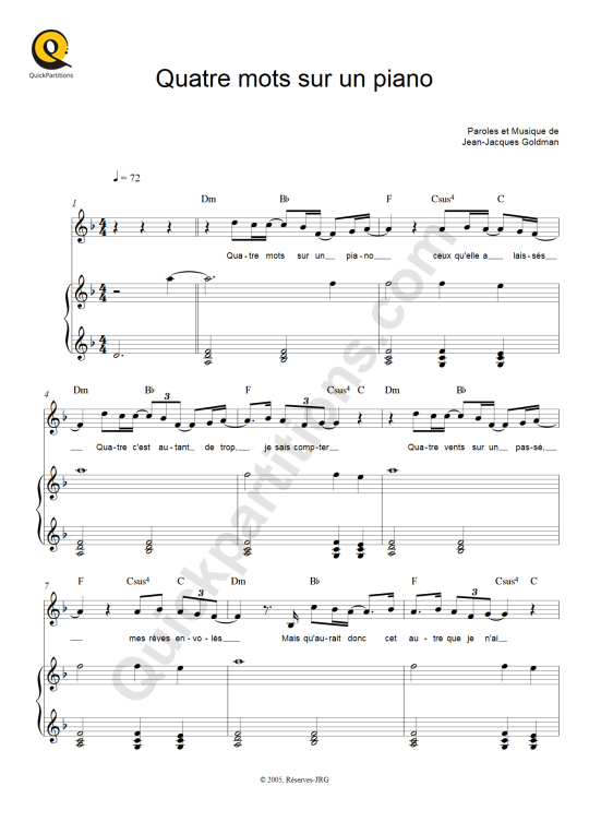 Partition piano Quatre mots sur un piano - Patrick Fiori