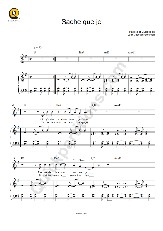 Sache que je Piano Sheet Music - Jean-Jacques Goldman